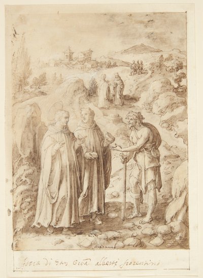 S. Giovanni Alberti Fiorentinos tarihi. Aziz ve beraberindeki keşiş bir dilenciye son somunlarını verir by Jan van der Straet