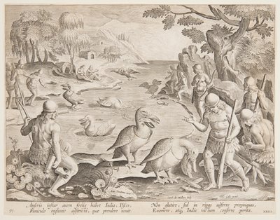 Pelikan Yardımıyla Balık Yakalayan Kızılderililer, Wildcats, Birds ve Fish serisinde 23 numaralı plaka by Jan van der Straet, called Stradanus