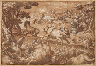 Kartallarla Boğa Avlayan Erkekler by Jan van der Straet, called Stradanus