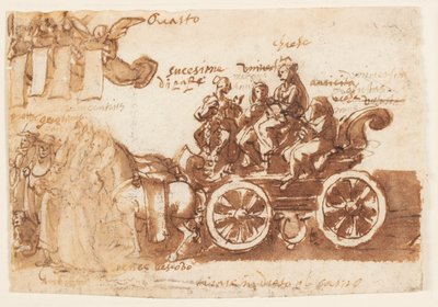 Bir eskiz defteri sayfası; Araba ve üç at by Jan van der Straet, called Stradanus