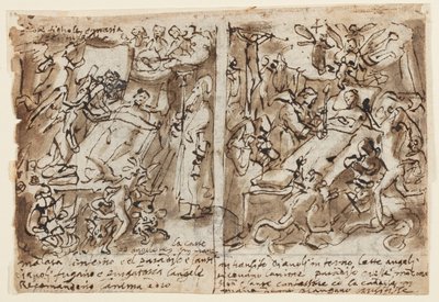 Bir eskiz defteri sayfası; Dindarlara yardım eden göksel güçler; Aziz portresi için eskiz; Alınlığın dekorasyonu by Jan van der Straet, called Stradanus