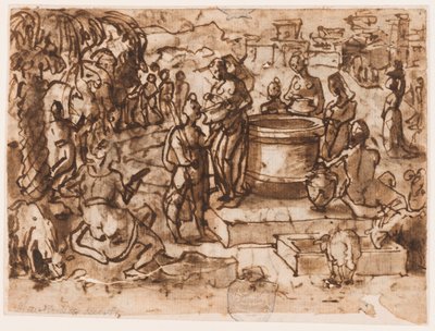 Bir eskiz defteri sayfası; Musa ve Yetro'nun kızları by Jan van der Straet, called Stradanus