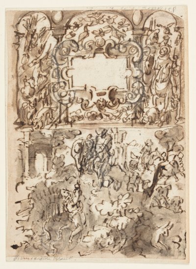 Bir eskiz defteri sayfası; Avcılık üzerine gravür serileri için başlık sayfası; Bir avcının kazası by Jan van der Straet, called Stradanus