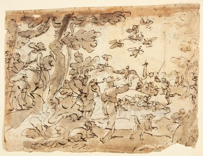 Recto: Şahinlerle Kuş Avı; Verso: Hayvanlar, oğlak ve yeşilliklerle süslenmiş Lunette by Jan van der Straet, called Stradanus
