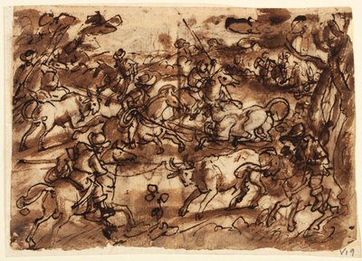 Recto: Lassos ile boğa avı; Verso, yukarıda: Men in Armor tarafından ayı avı; Verso, aşağıda: Maymunları Aldatma Yoluyla Avlamak; Venationes serisi için tüm ön tasarımlar by Jan van der Straet, called Stradanus