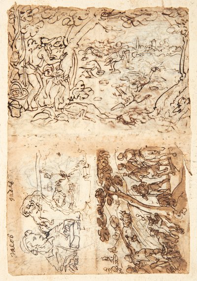 Recto, yukarıda: Koniler kullanarak turna avı; Altta, solda: Yakup, yarım figür; başının üzerinde gözleri bağlı aslan; tahkimat haritası; Sağ altta: Fox Hunt. Verso, sol üstte: Starling Hunt; sol altta: meşaleler ve ağlarla aslan avı; sağ: yarım rakamlar o by Jan van der Straet, called Stradanus