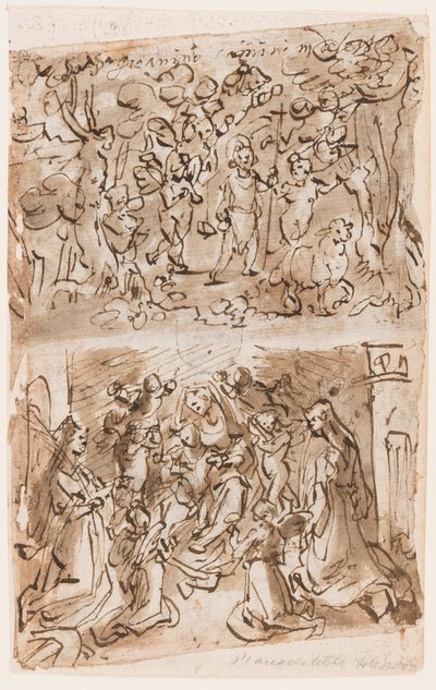 Recto, yukarıda: Çölde Melekler tarafından yönlendirilen Genç Vaftizci Yahya; Recto, aşağıda: Sts ile Sacra Conversazione. Barbara ve Catherine; Verso, yukarıda: Çarmıha gerilme; Verso, aşağıda: İsa, Bethesda havuzunun yakınında felçleri iyileştiriyor by Jan van der Straet, called Stradanus