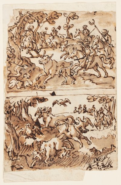 Boğa Avları ile Eskiz Defteri Sayfası by Jan van der Straet, called Stradanus