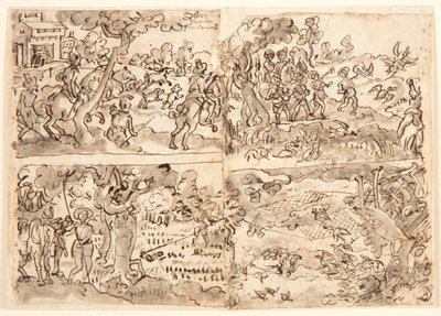 Dört Av Sahneli Eskiz Defteri Sayfası by Jan van der Straet, called Stradanus