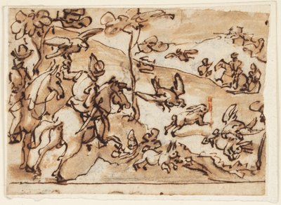 Tavşan Avı ve Şahinlerin olduğu Eskiz Defteri Sayfası by Jan van der Straet, called Stradanus