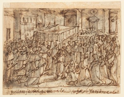 Ev Sahibi ve Papalık Kütlesi ile Alayı içeren Eskiz Defteri Sayfası by Jan van der Straet, called Stradanus