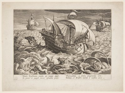 Canavarlarla çevrili üç gemi by Jan van der Straet, called Stradanus