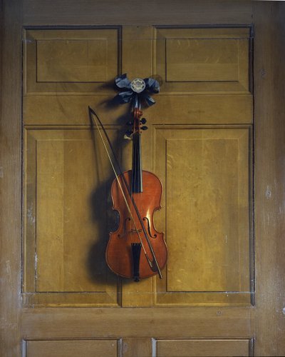 Bir kapıya asılı keman ve yay (ahşap panel üzerine serilmiş tuval üzerine yağlıboya) by Jan van der Vaardt