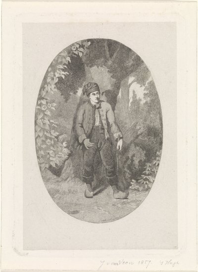 Adam bir ormanda bir ağacın yanında by Jan van der Veen (prentmaker)