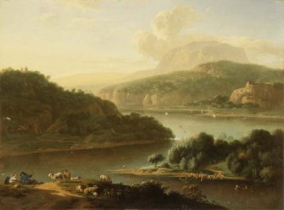 Ön planda çoban ve köylü kadın olan bir nehir manzarası by Jan van der the Younger Meer