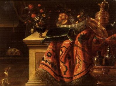 Bir vazoda çiçek, kasede meyve, gümüş yaldızlı ibrik, tabak ve yastıktan oluşan bir natürmort by Jan van the Elder (follower of) Kessel