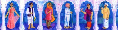 Geleneksel Hint kıyafetleri, 1998, (mürekkep ve guaj) by Jane Tattersfield