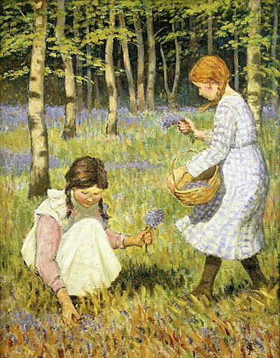 Bluebells toplamak (tuval üzerine yağlı boya) by Janet Fisher