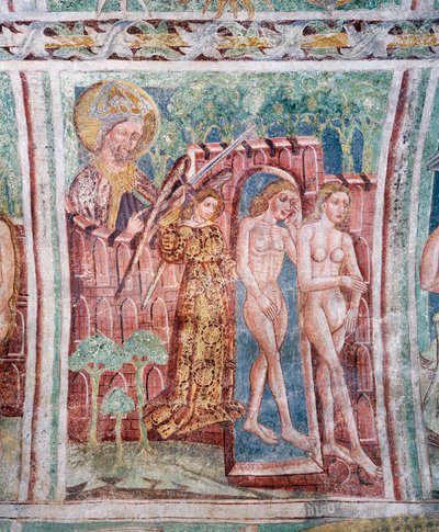 Hrastovlje müstahkem kilise, Trinity Kilisesi, Cennetten kovulan Adem ve Havva (1490), Janez Iz Kastva, Slovenya tarafından fresklerden detay by Janez Kastav