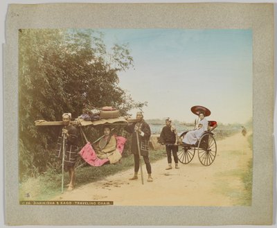 Jinrikisha & Kago, Gezici Sandalye, Japonya (el ile boyanmış s/b fotoğraf) by Japanese Photographer