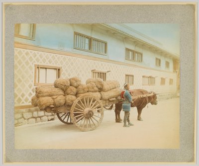 Öküz ve arabalı adam, Japonya (el boyaması s/b fotoğraf) by Japanese Photographer