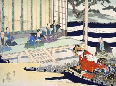 19. Yüzyılda Bir Gravür Albümünden Bir Adam Bir Kadını Sorguluyor (Renkli Ahşap Blok Baskı) by Japanese School