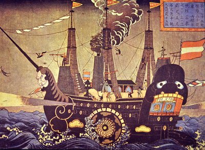 Korkunç bir Japon sanatçı tarafından boyanmış 1853 tarihli Amerikan yan kürek vapuru by Japanese School