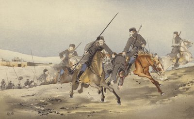 Yaralı (kromolitho) ile kaçan Kazaklar by Japanese School