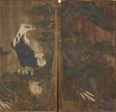 Çam ağacında kartal, Momoyama dönemi, muhtemelen 17. yüzyıl (ahşap üzerine mürekkep ve renk) by Japanese School