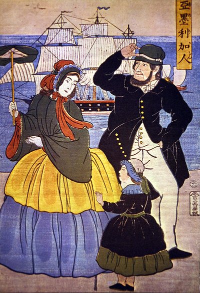 1861 yılında bir Japon sanatçı tarafından boyanmış Yokohama liman cephesindeki Avrupalı aile by Japanese School