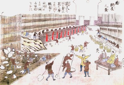 19. yüzyılın sonlarında balina ürünlerinin hazırlanması için fabrika (renkli gravür) by Japanese School