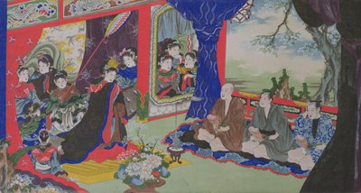 Kadınların yaşadığı bir adada batan balıkçıların erotik hikayesinden İmparatoriçe ve Sarayına Penislerini Gösteren Balıkçılar (el boyaması gravür) by Japanese School
