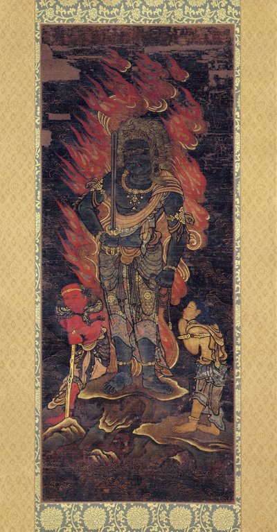 Fudo Myoo ve İki Görevli (ipek üzerine mürekkep ve renkli) by Japanese School
