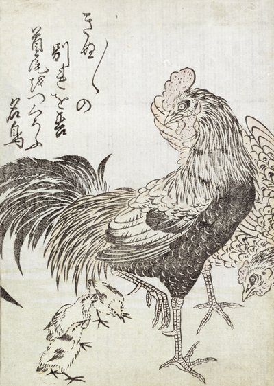 Tavuk, Horoz ve Tavuklar (tahta baskı) by Japanese School