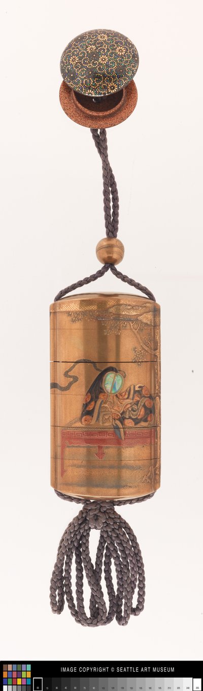 Inro bir saray hanımıyla süslenmiş, ojime ve netsuke by Japanese School
