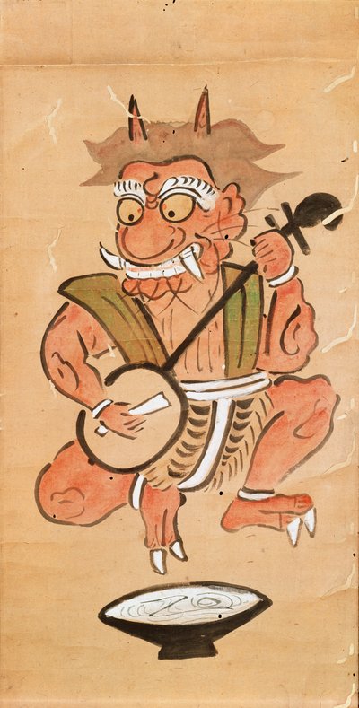 Shamisen oynayan bir şeytanı tasvir eden Kakemono (kağıt kaydırma üzerinde mürekkep ve renk) by Japanese School