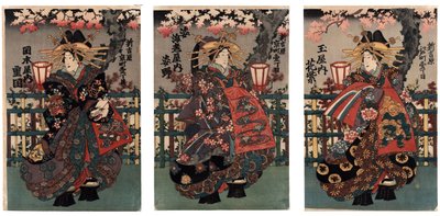 La Courtisane Shigeoka de Okamoto-ya; La Courtisane Sugatano de Sugataebi-ya; La Courtisane Hanamurasaki de Tama-ya --Courtesanlar Shigeoka, Sugatano ve Hanamurasaki. Triptik. Yoshiwara