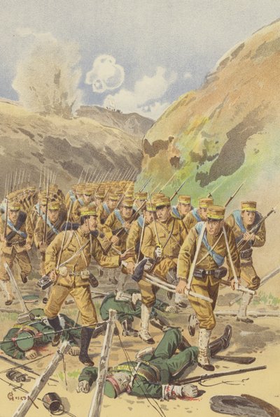 Teğmen Takagi, Tugay Komutanından ilerlemek için izin istiyor (chromolitho) by Japanese School