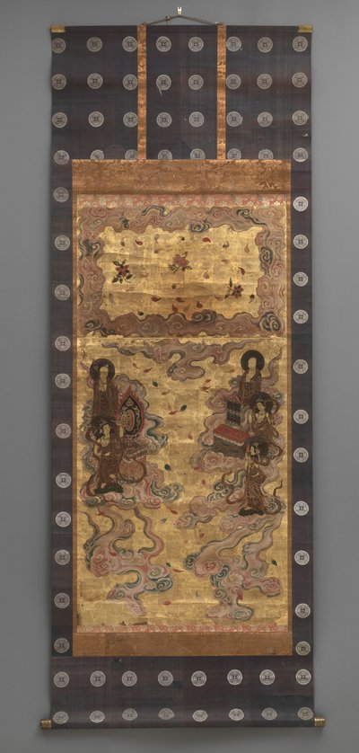 Duvar resmi: Yirmi beş iniş bodhisattvalar (Amitabha üçlüsünün görevlileri), 18. yüzyıl (Üç Parçalı asılı parşömenler: mürekkep, renk ve altın kağıt üzerinde yaprak, pirinç) by Japanese School