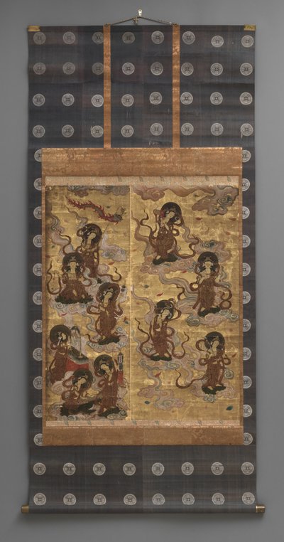 Duvar resmi: Yirmi beş iniş bodhisattvalar (Amitabha üçlüsünün görevlileri), 18. yüzyıl (Üç Parçalı asılı parşömenler: mürekkep, renk ve altın kağıt üzerinde yaprak, pirinç) by Japanese School