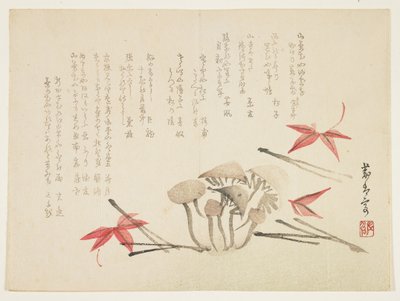 Mantar, akçaağaç yaprağı ve çam iğneleri (renkli tahta baskı) by Japanese School