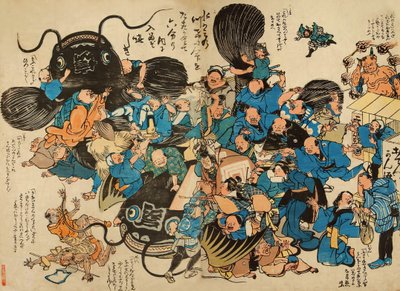 Namazu köylüler tarafından saldırıya uğradı (renkli tahta baskı) by Japanese School