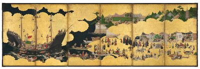 Bir Portekiz Gemisinin Ticaret İçin Gelişini Betimleyen Nanban Altı Katlı Ekran, Edo Dönemi by Japanese School