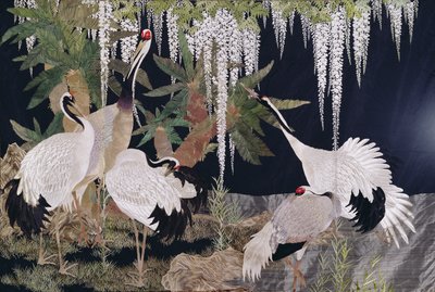 Vinçler, sikadlar ve wisteria (tekstil) ile asılı iğne işi by Japanese School