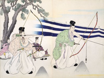 Soylular okçuluk pratiği yapıyor (ayrıntıya bakınız 255314), 19. yüzyıl, bir Gravür Albümünden, Renkli ahşap blok baskı by Japanese School