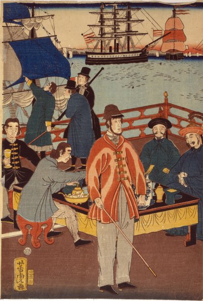 Avrupalı tüccarları Japonlarla serinletirken gösteren bir triptik baskı. Arka planda Japonya'nın Yokohama limanındaki gemiler var. by Japanese School