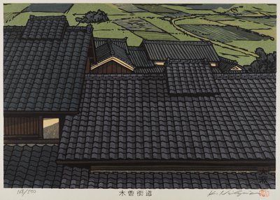 Kisokaido serisinden çatı katı (renkli ahşap baskı) by Japanese School