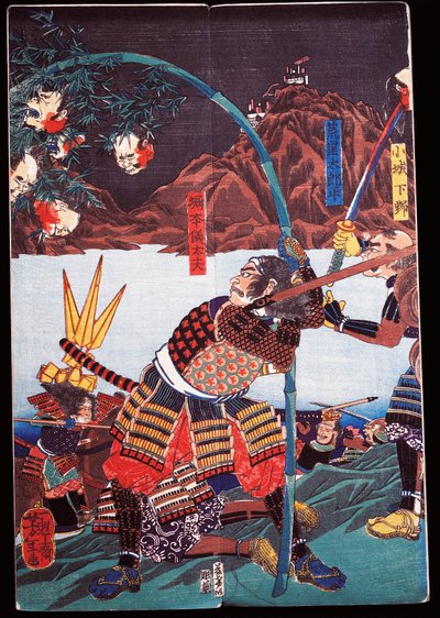 Samuray, düşmanlarının kopmuş kafalarını bambu kamışlar üzerinde sergiliyor, seamono (yerli oyun) by Japanese School