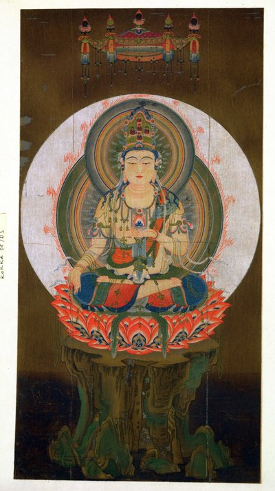 Sol elinde Cintamani (dilek veren) Mücevheri tutan ve bir lotus üzerine oturan Bodhisattva Akashagarba, Daigo tapınağından 9. yüzyıla ait bir kakemonodan sonra, Th. by Japanese School