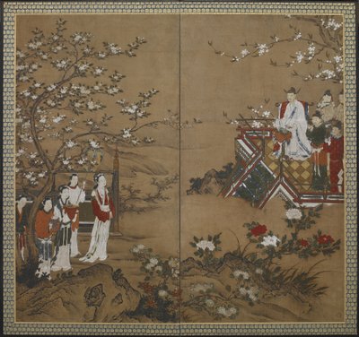 Çin İmparatoru Ming Huang ve cariyesi Yang Kuei-fei çiçeklerin açması için çalıp şarkı söylüyor, Edo dönemi (kağıt üzerinde renkli ve altın) by Japanese School